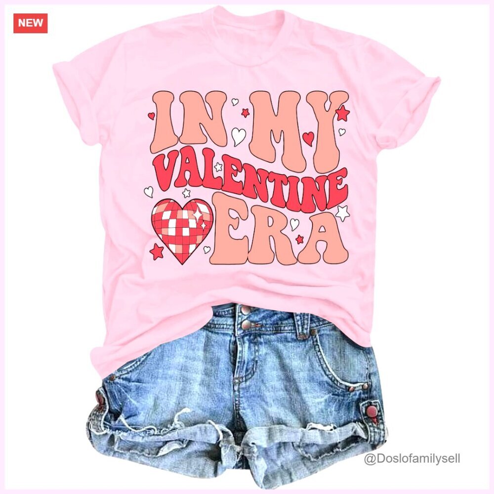 Heart Graphic Printed T-Shirt Valentine Era Pattern Tee Stretchy Comfortable Top